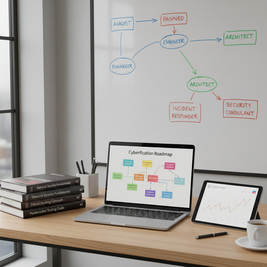An organized cybersecurity study workspace featuring an open laptop displaying a detailed certification roadmap, surrounded by neatly stacked exam prep books with clearly printed titles like “Network Security Fundamentals” and “Ethical Hacking Concepts.” A whiteboard in the background shows a hand-drawn flowchart of career paths labeled with roles such as analyst, engineer, and architect, along with arrows and color-coded markers. Soft, overcast daylight filters through a nearby window, creating even, shadowless lighting across the scene. The desk surface is a clean, light oak wood, with a single digital tablet showing a job market graph. Photographic realism, captured from a slightly elevated angle with balanced composition, projecting a calm, methodical, and professional mood.