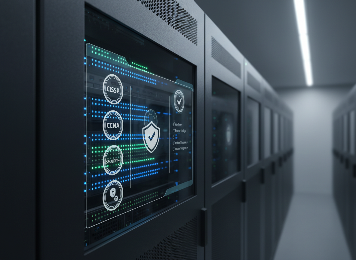 A close-up, photographic realistic view of a dark, brushed-metal server rack door with a transparent panel, behind which soft blue and green indicator lights form a subtle grid. Reflected in the glass, faint but readable overlays of certification badges, exam icons, and checklists appear as if part of an augmented reality interface, aligned neatly in columns. The server rack is situated in a quiet, dimly lit data center with rows of equipment fading into a tasteful bokeh background. A single overhead LED panel casts controlled, cool lighting that defines edges without harsh glare. Shot at a slight angle, using shallow depth of field, the mood is serious, precise, and technically focused, emphasizing the infrastructure behind cybersecurity careers.