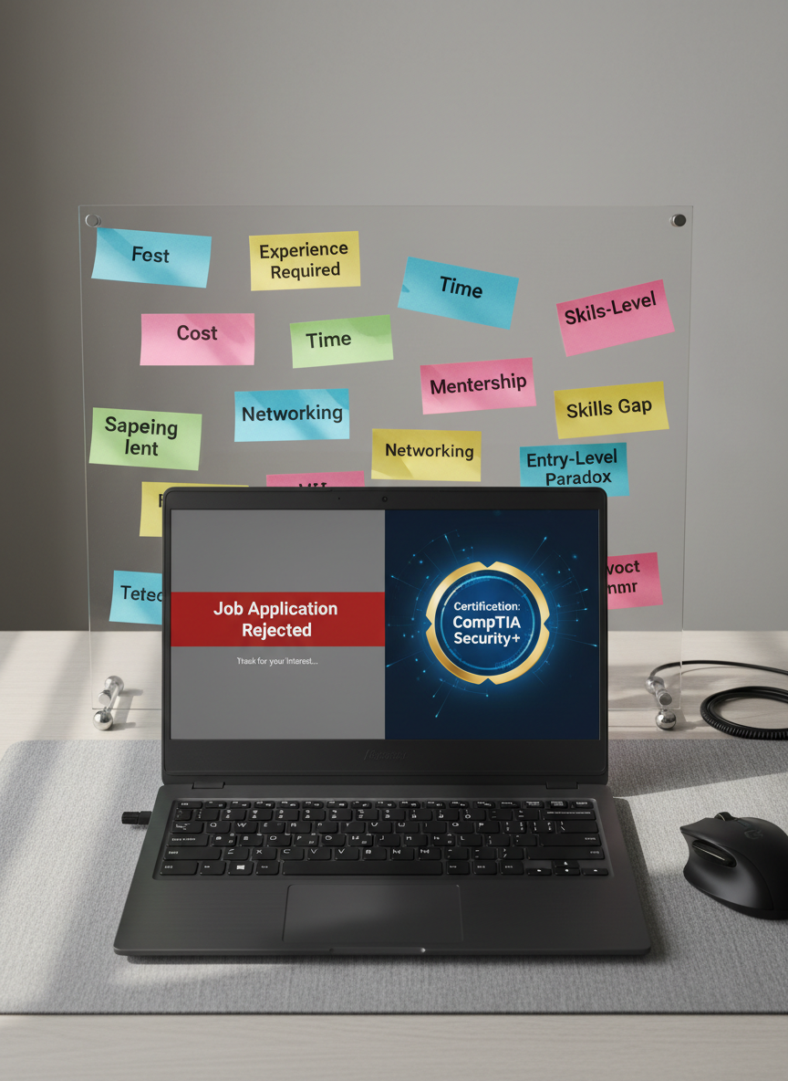 A clean, professional desktop layout symbolizing barriers and opportunities in cybersecurity careers: a sturdy matte-black laptop shows a split screen with one side displaying a “Job Application Rejected” message and the other a “Certification Achieved” digital badge. A transparent acrylic board stands upright behind the laptop, covered with printed sticky-note style labels such as “Experience Required,” “Cost,” “Time,” and “Mentorship,” arranged as obstacles in a maze-like pattern. Soft, directional daylight from the left casts gentle shadows and reveals the subtle texture of the light gray desk. Photographic realism, captured from eye level with a moderate depth of field that keeps both laptop and board legible, creating a thoughtful, analytical mood about navigating job-market barriers.
