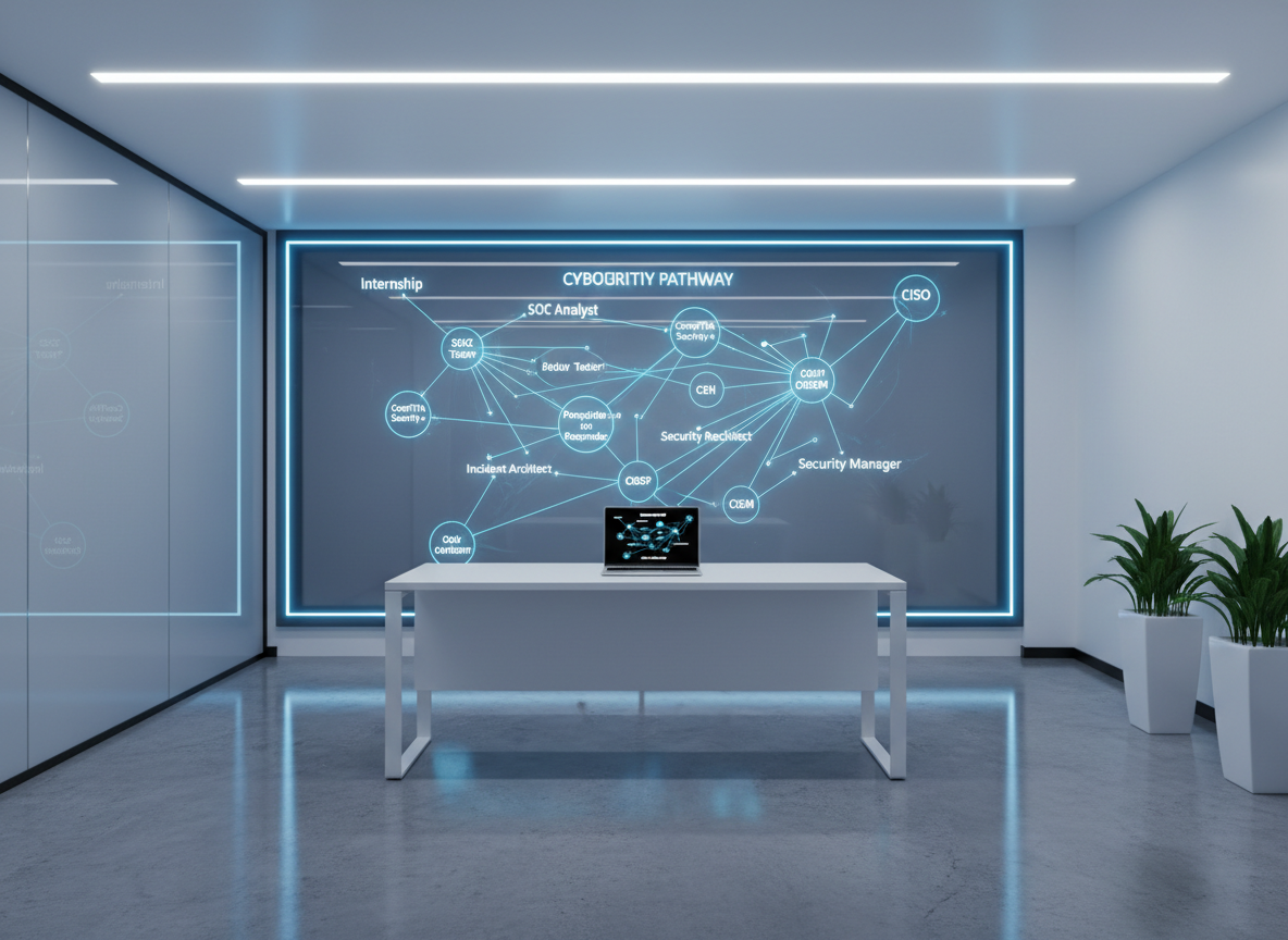 A wall-sized transparent digital display in a minimalist office environment, visualizing a cybersecurity career pathway map as interconnected glowing nodes and lines. Each node is labeled with text such as “Internship,” “SOC Analyst,” “Penetration Tester,” and “CISO,” with smaller nodes indicating key certifications clustered around each role. Below the display, a streamlined white standing desk supports a slim laptop projecting the same diagram. Cool white recessed ceiling lights and subtle blue accent LEDs illuminate the glass and metal surfaces, casting crisp reflections on a polished concrete floor. Photographic realism with a wide-angle, straight-on composition, ensuring sharp focus throughout, conveying a futuristic yet practical atmosphere suitable for a professional education hub.